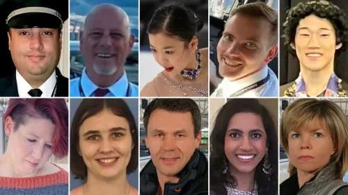 صور لضحايا حادث تصادم طائرة الخطوط الجوية الأمريكية ومروحية بلاك هوك، تظهر عشر شخصيات متنوعة، كل منهم له قصة وتاريخ.