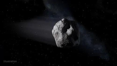 جسم فضائي يعرف باسم 2024 PT5، يظهر وهو يحوم في الفضاء، ويُحتمل أن يكون جزءًا من القمر، مع خلفية نجمية.