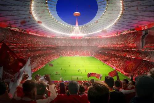 تصميم مستقبلي لملعب مانشستر يونايتد الجديد، يظهر مدرجات حمراء وجمهورًا متحمسًا، مع ملعب أخضر في المركز.