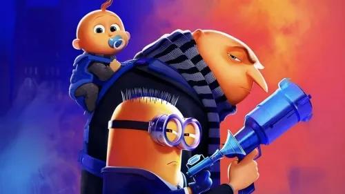 شخصيات فيلم \"Despicable Me\" تتضمن غرو والمينيونز مع طفل صغير، في خلفية ملونة تعكس أجواء المغامرة والإثارة.