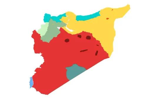 خريطة توضح السيطرة العسكرية في سوريا، مع تمييز المناطق الخاضعة لقوات النظام، قوات سوريا الديمقراطية، وهيئة تحرير الشام، وفصائل المعارضة.
