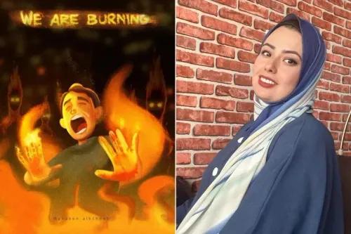 صورة فنية تعبر عن الألم والمعاناة تحت عنوان \"نحن نحترق\"، بجانب صورة شخصية للفنانة محاسن الخطيب، التي قُتلت في الحرب.